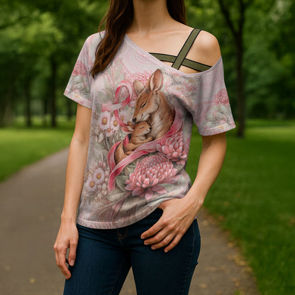 Personalised Breast Cancer Support Cross Shoulder Shirt Mother Kangaroo And Ribbon Hope