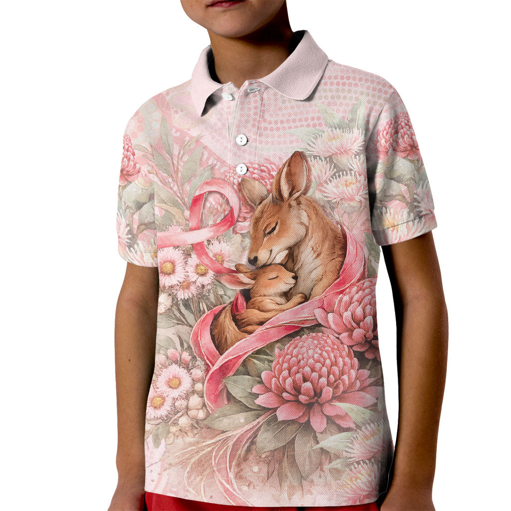 Personalised Breast Cancer Support Kid Polo Shirt Mother Kangaroo And Ribbon Hope