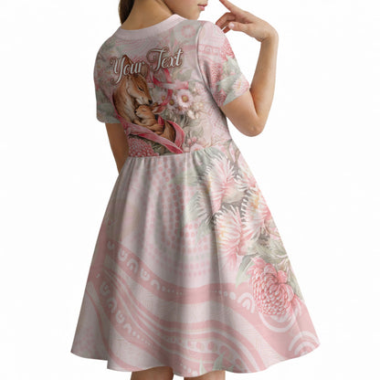 Personalised Breast Cancer Support Kid Short Sleeve Dress Mother Kangaroo And Ribbon Hope