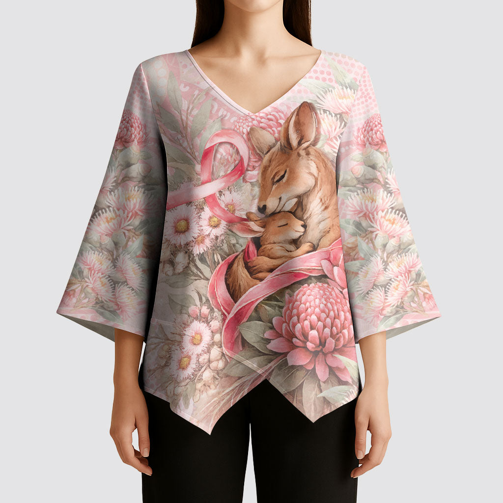 Personalised Breast Cancer Support Kimono Sleeve Blouse Mother Kangaroo And Ribbon Hope