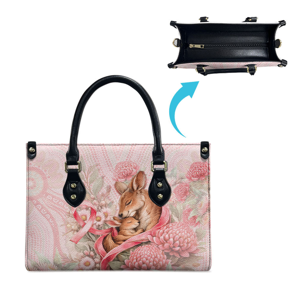 Breast Cancer Support Leather Bag Mother Kangaroo And Ribbon Hope