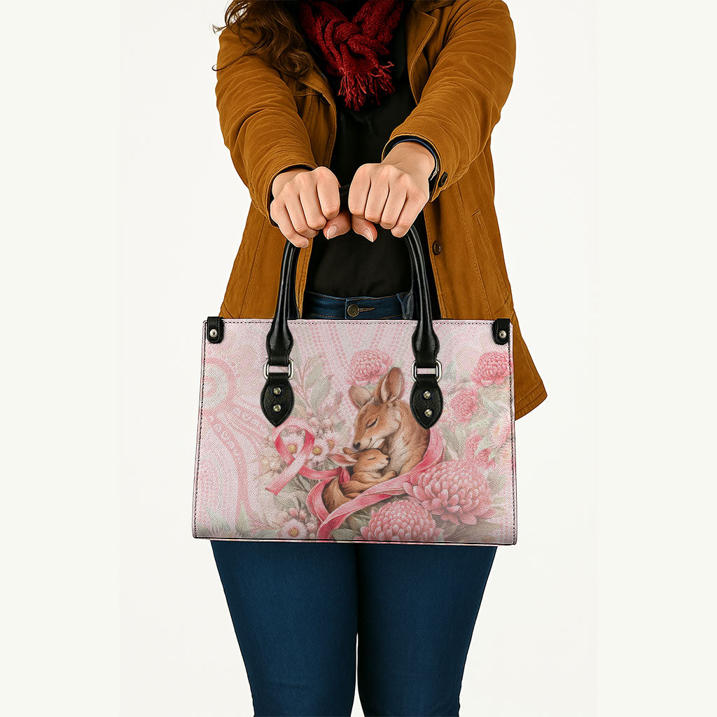 Breast Cancer Support Leather Bag Mother Kangaroo And Ribbon Hope