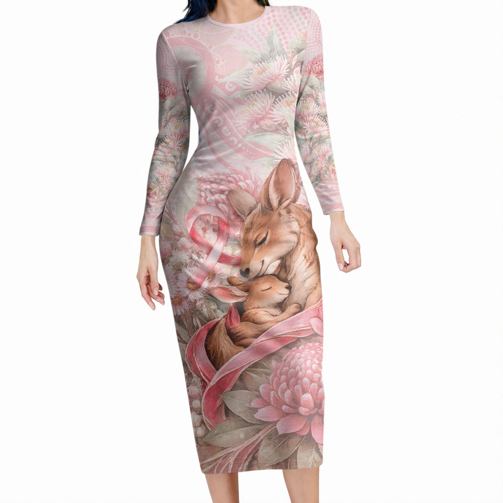 Personalised Breast Cancer Support Long Sleeve Bodycon Dress Mother Kangaroo And Ribbon Hope