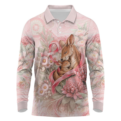 Personalised Breast Cancer Support Long Sleeve Polo Shirt Mother Kangaroo And Ribbon Hope