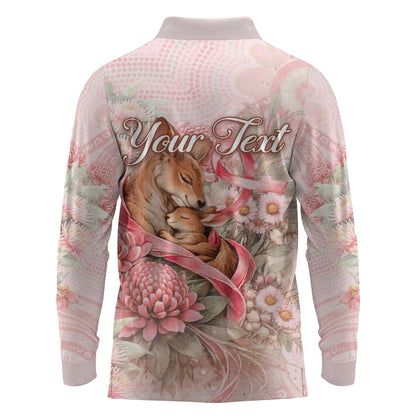 Personalised Breast Cancer Support Long Sleeve Polo Shirt Mother Kangaroo And Ribbon Hope
