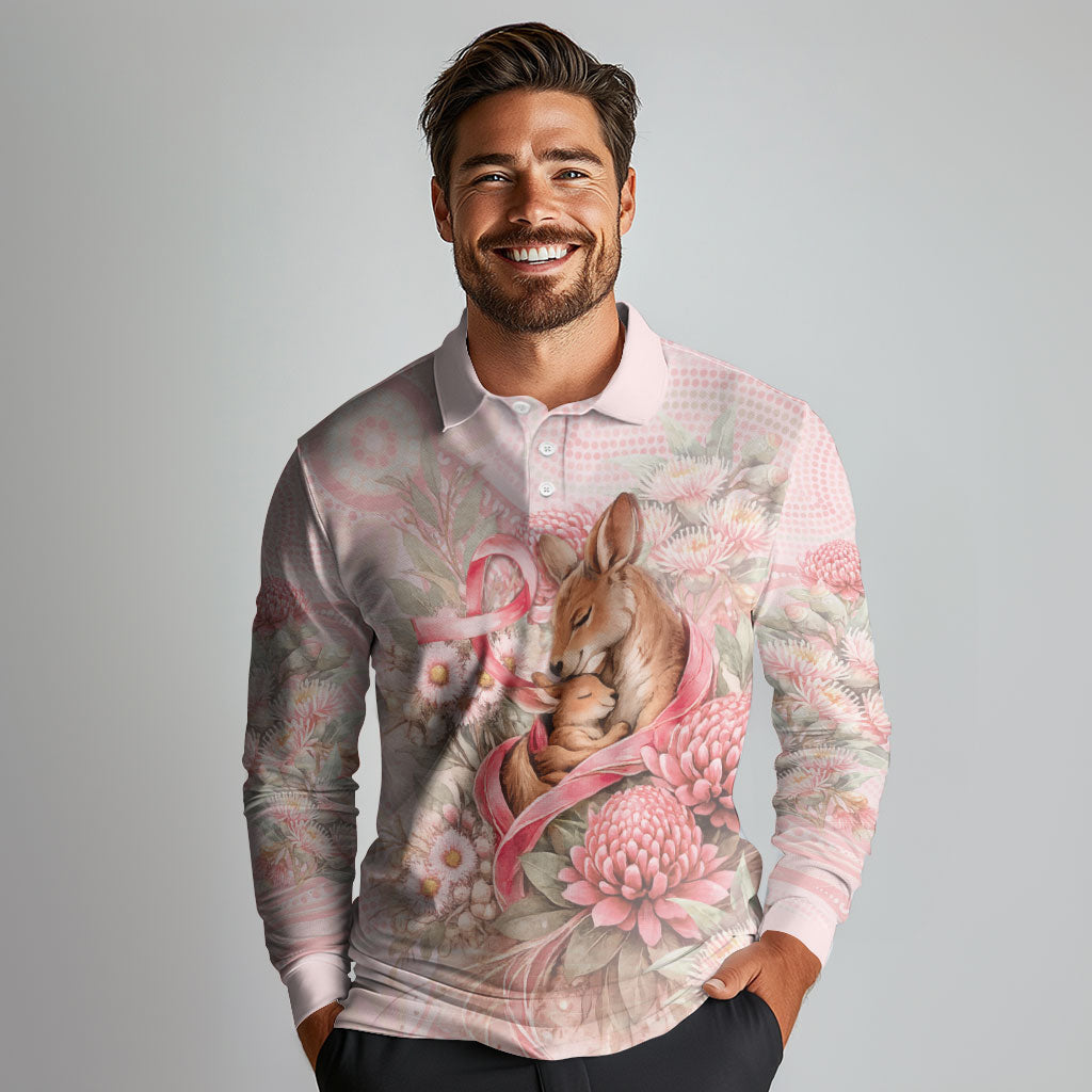 Personalised Breast Cancer Support Long Sleeve Polo Shirt Mother Kangaroo And Ribbon Hope