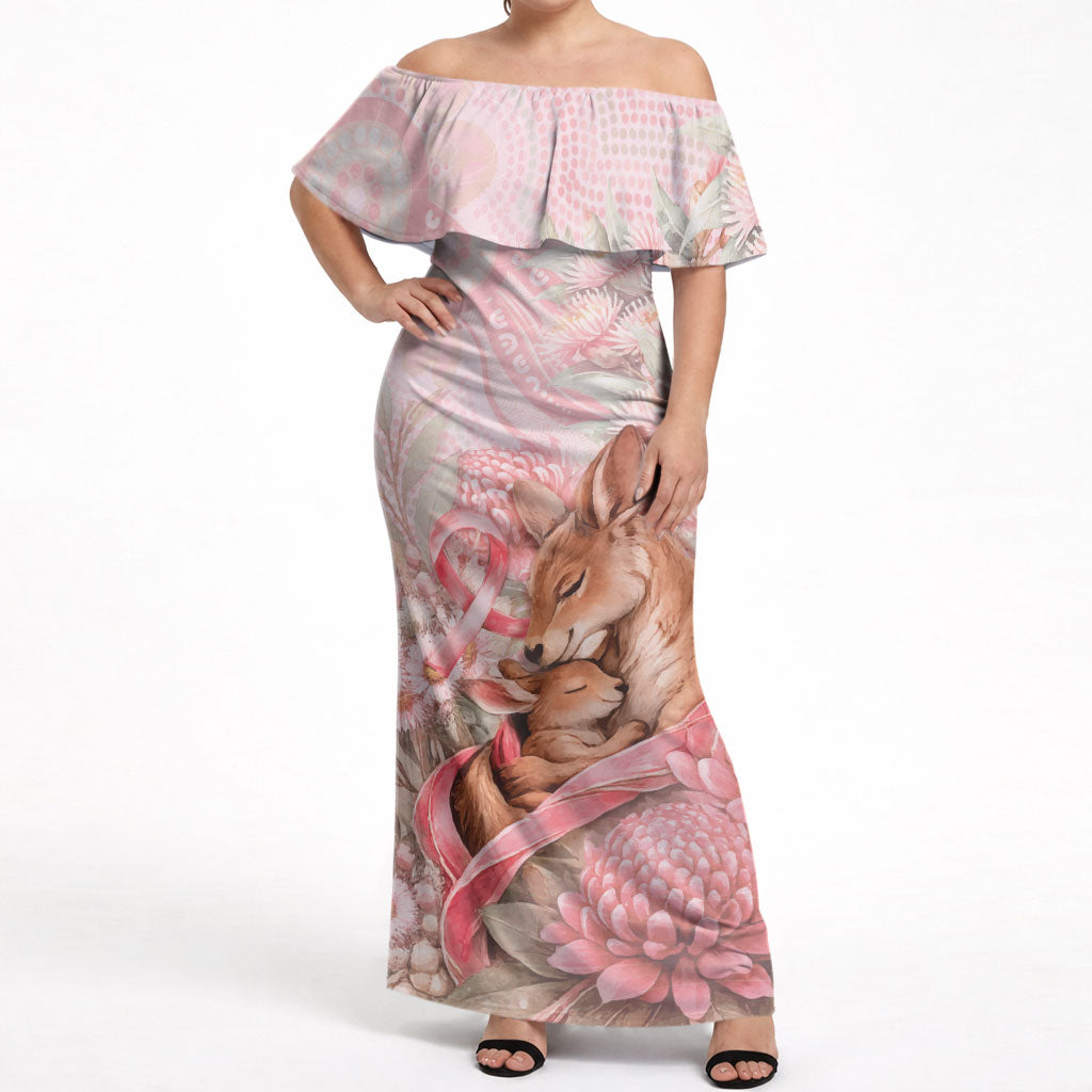 Personalised Breast Cancer Support Off Shoulder Maxi Dress Mother Kangaroo And Ribbon Hope