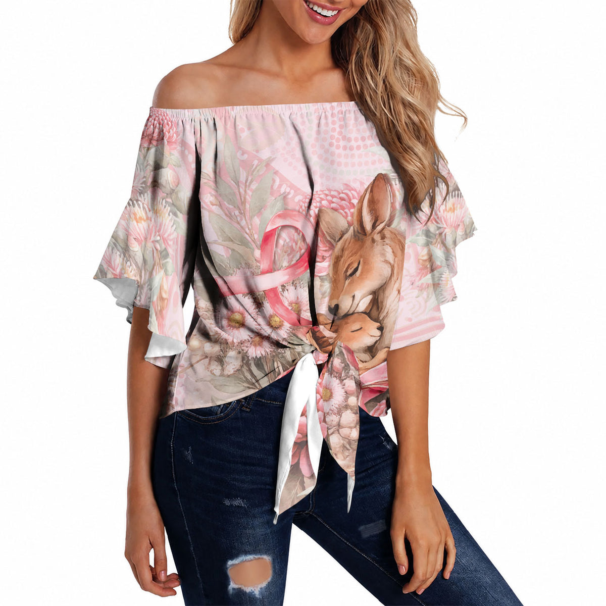 Personalised Breast Cancer Support Off Shoulder Wrap Waist Top Mother Kangaroo And Ribbon Hope