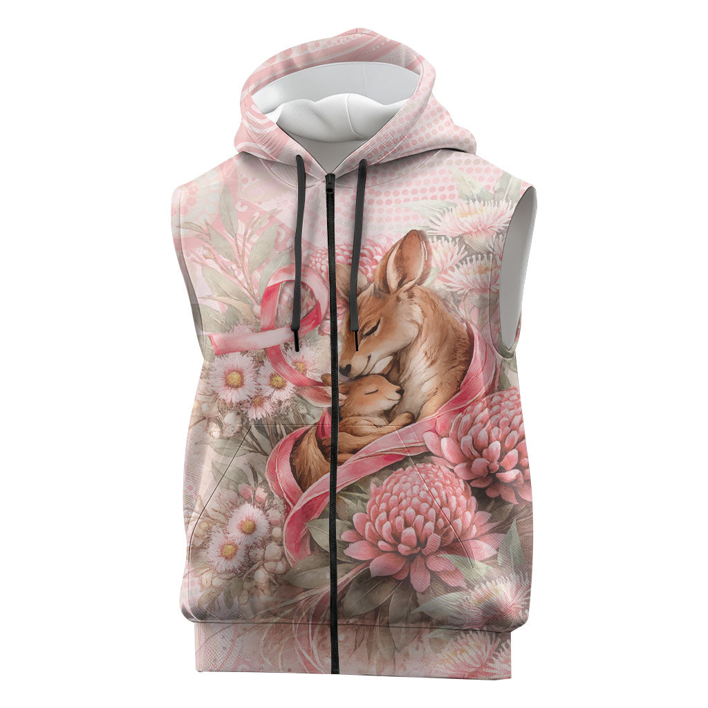 Personalised Breast Cancer Support Sleeveless Zip Hoodie Mother Kangaroo And Ribbon Hope