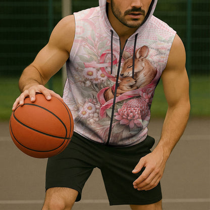 Personalised Breast Cancer Support Sleeveless Zip Hoodie Mother Kangaroo And Ribbon Hope