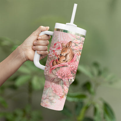 Personalised Breast Cancer Support Tumbler With Handle Mother Kangaroo And Ribbon Hope