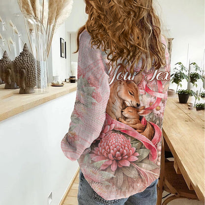 Personalised Breast Cancer Support Women Casual Shirt Mother Kangaroo And Ribbon Hope
