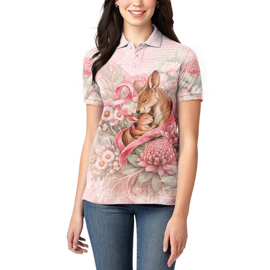 Personalised Breast Cancer Support Women Polo Shirt Mother Kangaroo And Ribbon Hope