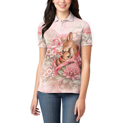 Personalised Breast Cancer Support Women Polo Shirt Mother Kangaroo And Ribbon Hope
