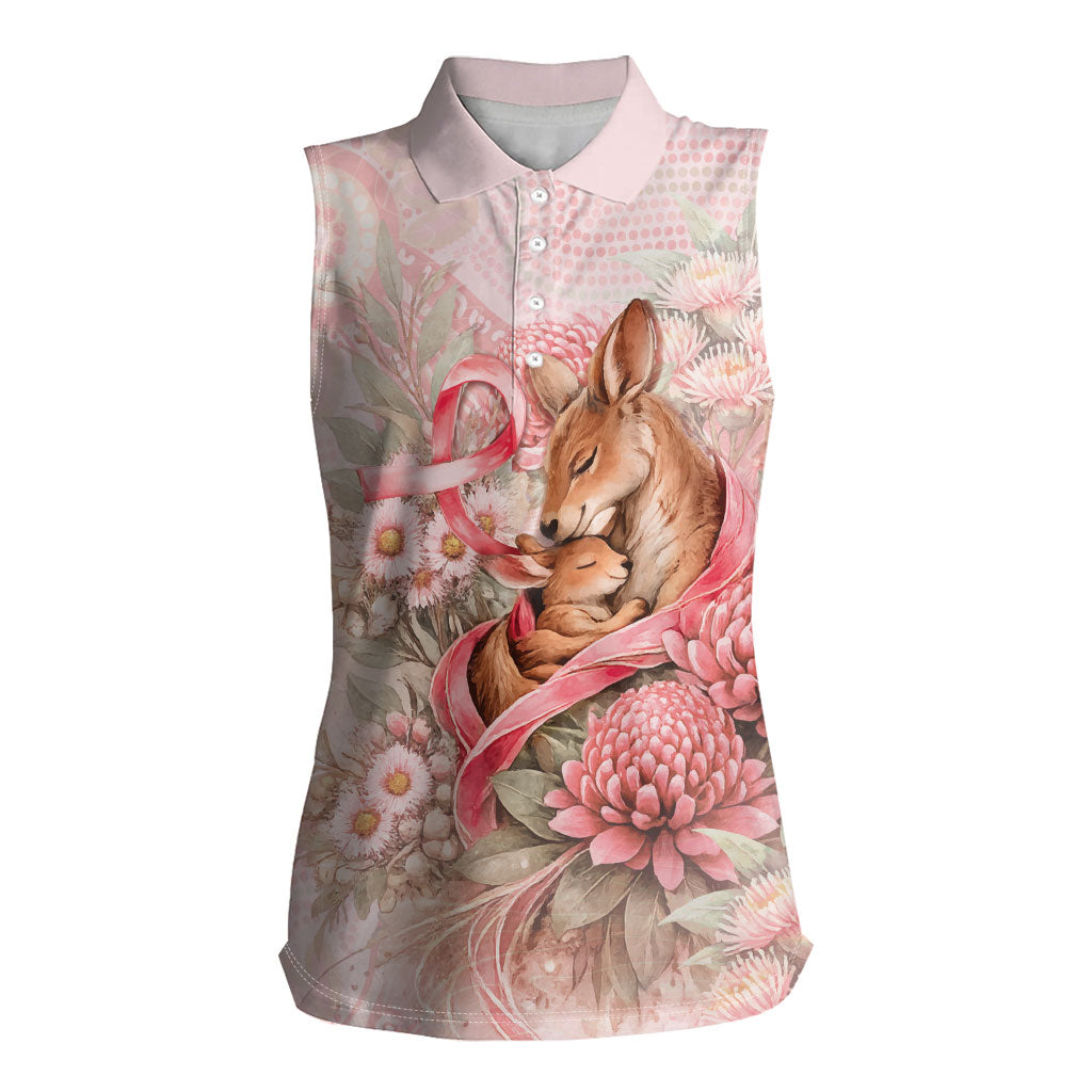 Personalised Breast Cancer Support Women Sleeveless Polo Shirt Mother Kangaroo And Ribbon Hope