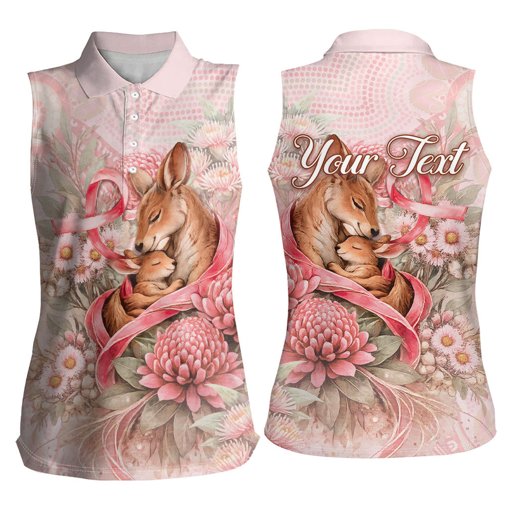 Personalised Breast Cancer Support Women Sleeveless Polo Shirt Mother Kangaroo And Ribbon Hope