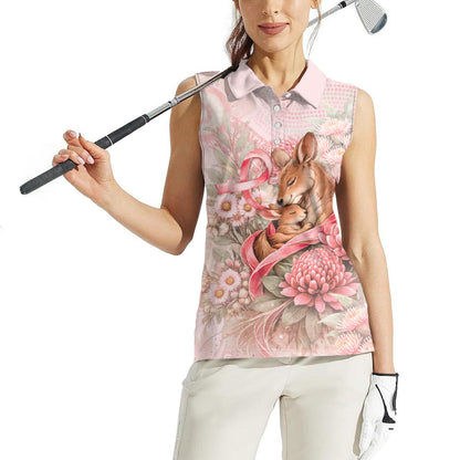 Personalised Breast Cancer Support Women Sleeveless Polo Shirt Mother Kangaroo And Ribbon Hope