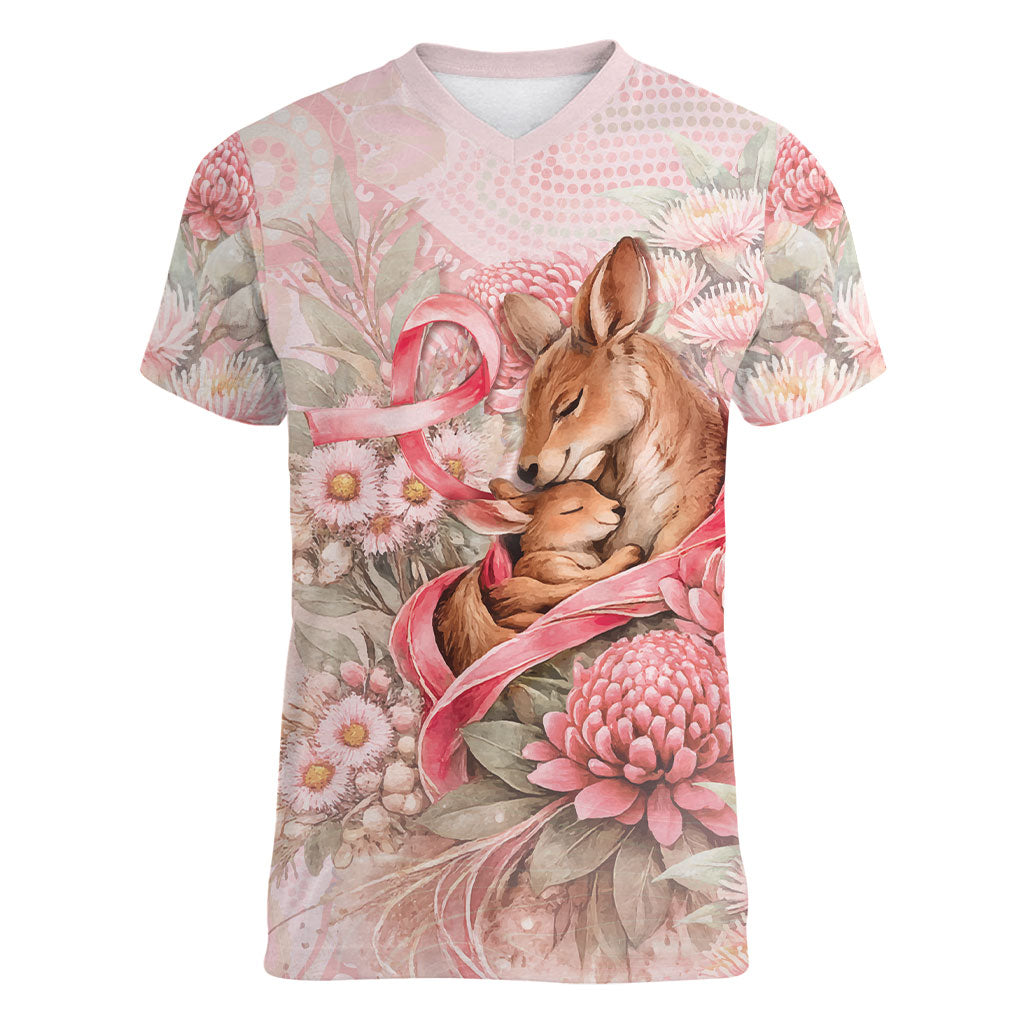 Personalised Breast Cancer Support Women V-Neck T-Shirt Mother Kangaroo And Ribbon Hope