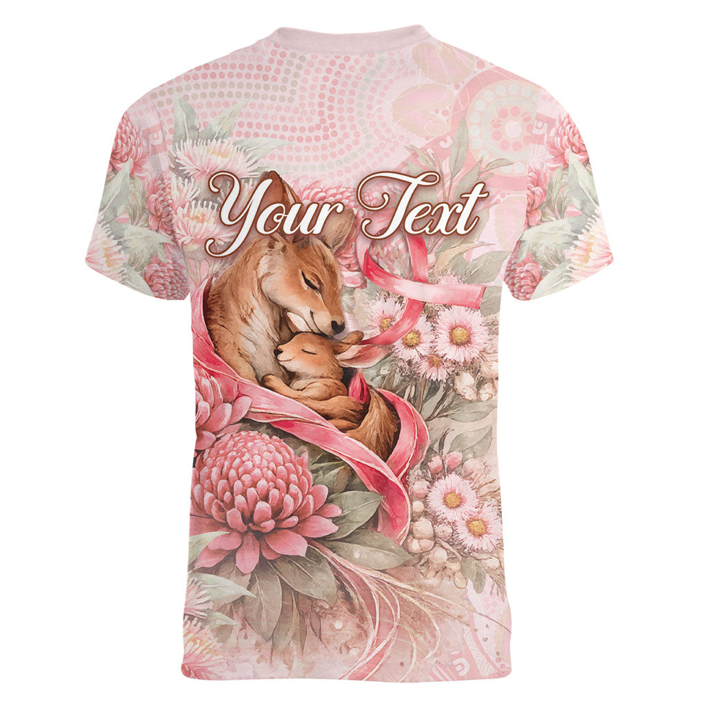 Personalised Breast Cancer Support Women V-Neck T-Shirt Mother Kangaroo And Ribbon Hope