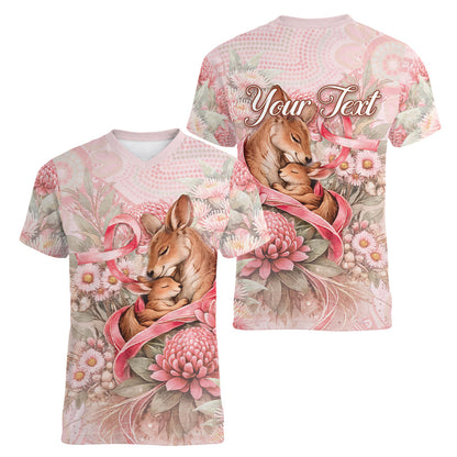 Personalised Breast Cancer Support Women V-Neck T-Shirt Mother Kangaroo And Ribbon Hope
