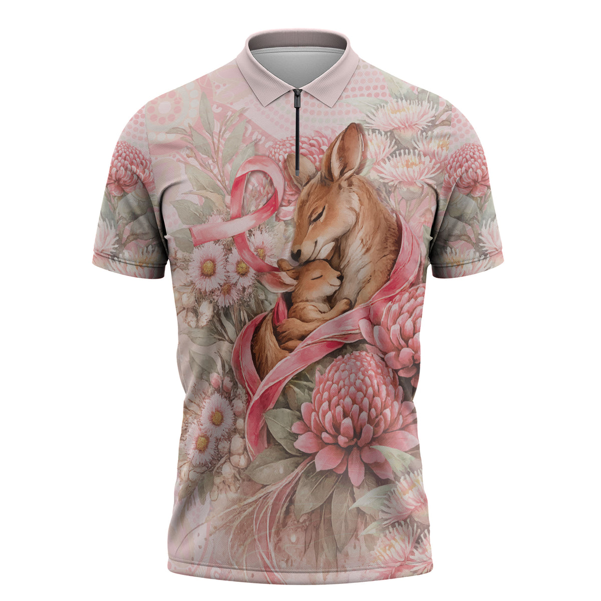 Personalised Breast Cancer Support Zipper Polo Shirt Mother Kangaroo And Ribbon Hope