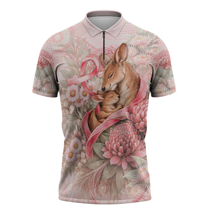 Personalised Breast Cancer Support Zipper Polo Shirt Mother Kangaroo And Ribbon Hope
