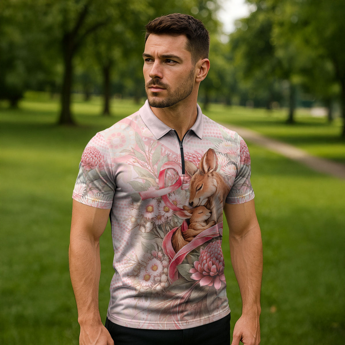 Personalised Breast Cancer Support Zipper Polo Shirt Mother Kangaroo And Ribbon Hope