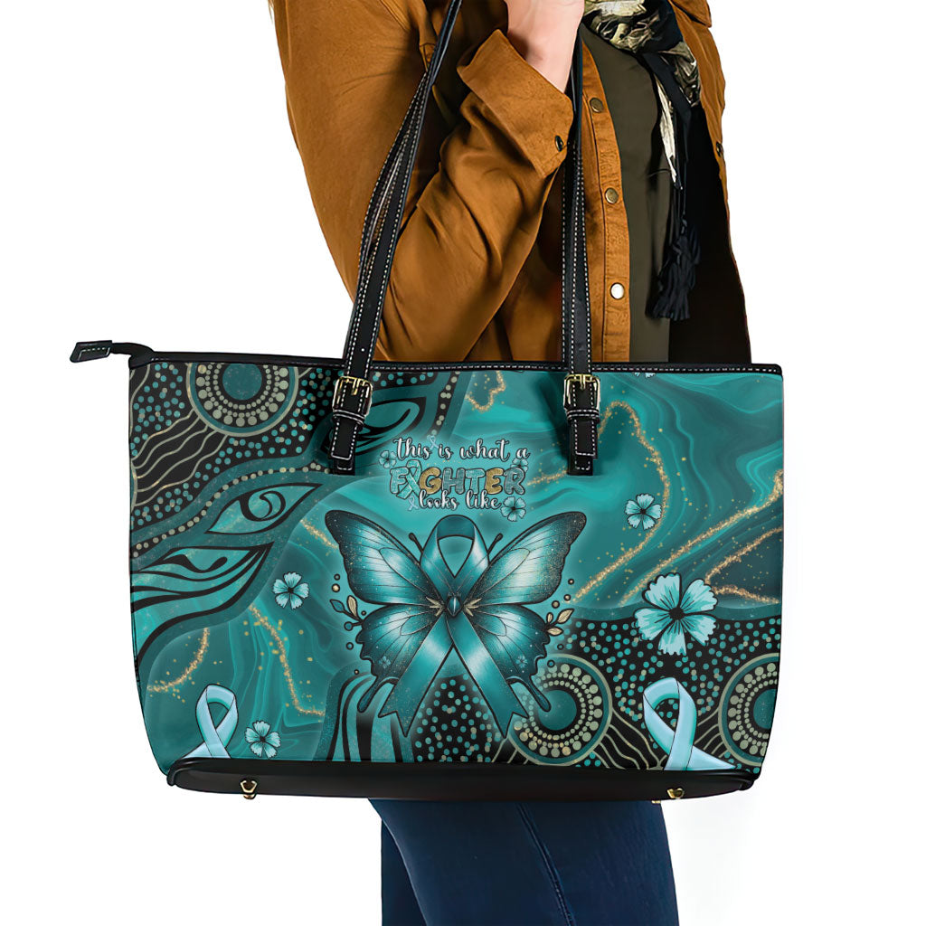 Ovarian Cancer Support Leather Tote Bag This Is What A Fighter Looks Like