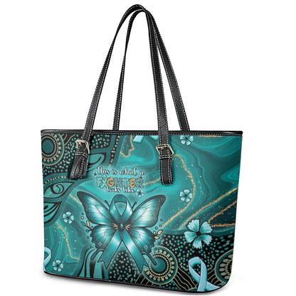 Ovarian Cancer Support Leather Tote Bag This Is What A Fighter Looks Like