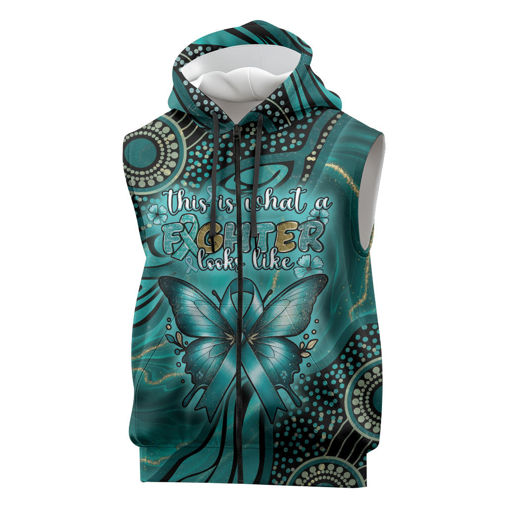 Personalised Ovarian Cancer Support Sleeveless Zip Hoodie This Is What A Fighter Looks Like