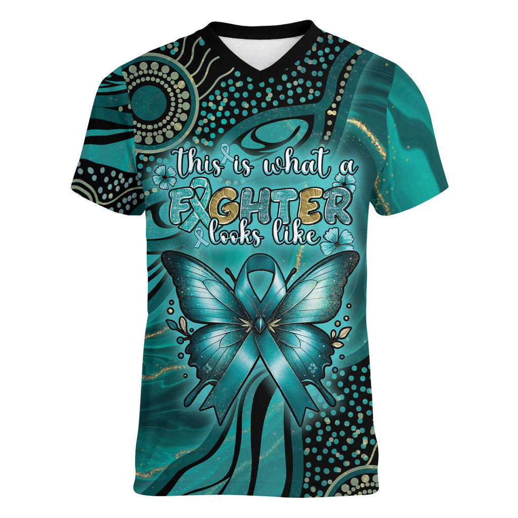 Personalised Ovarian Cancer Support Women V-Neck T-Shirt This Is What A Fighter Looks Like