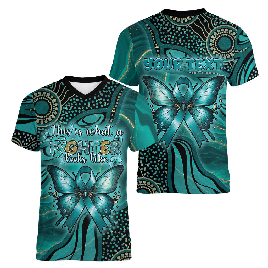 Personalised Ovarian Cancer Support Women V-Neck T-Shirt This Is What A Fighter Looks Like