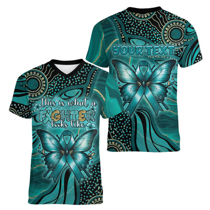 Personalised Ovarian Cancer Support Women V-Neck T-Shirt This Is What A Fighter Looks Like