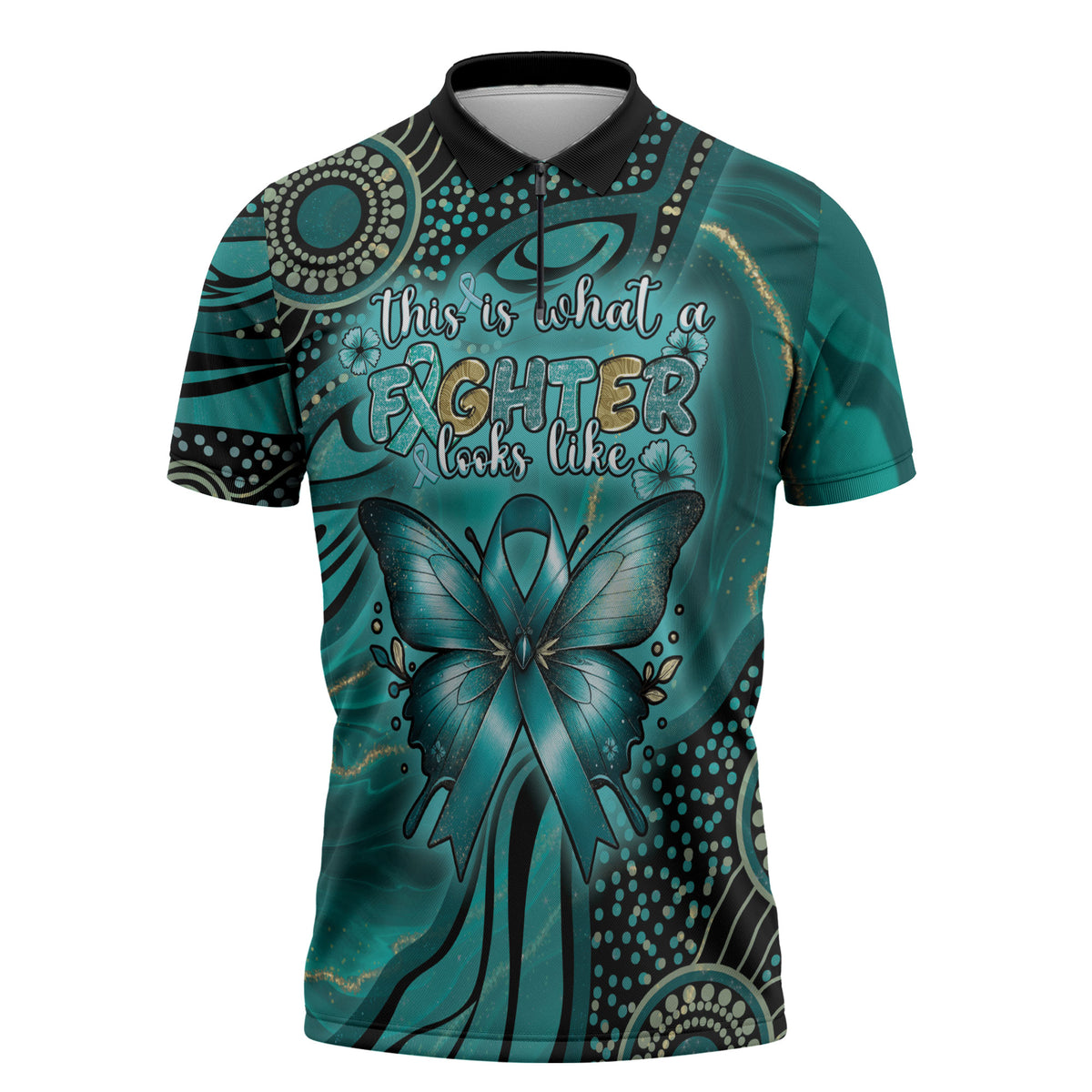 Personalised Ovarian Cancer Support Zipper Polo Shirt This Is What A Fighter Looks Like