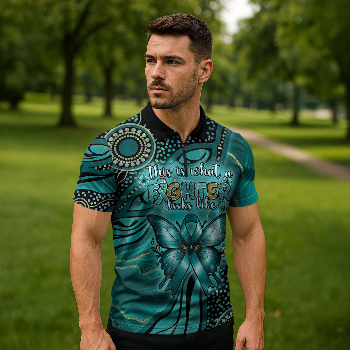 Personalised Ovarian Cancer Support Zipper Polo Shirt This Is What A Fighter Looks Like