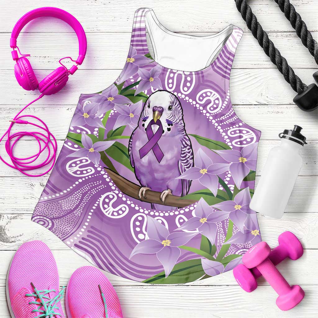 Epilepsy Support Budgerigar Australia Women Racerback Tank Budgie Purple Ribbon Boronia Aboriginal