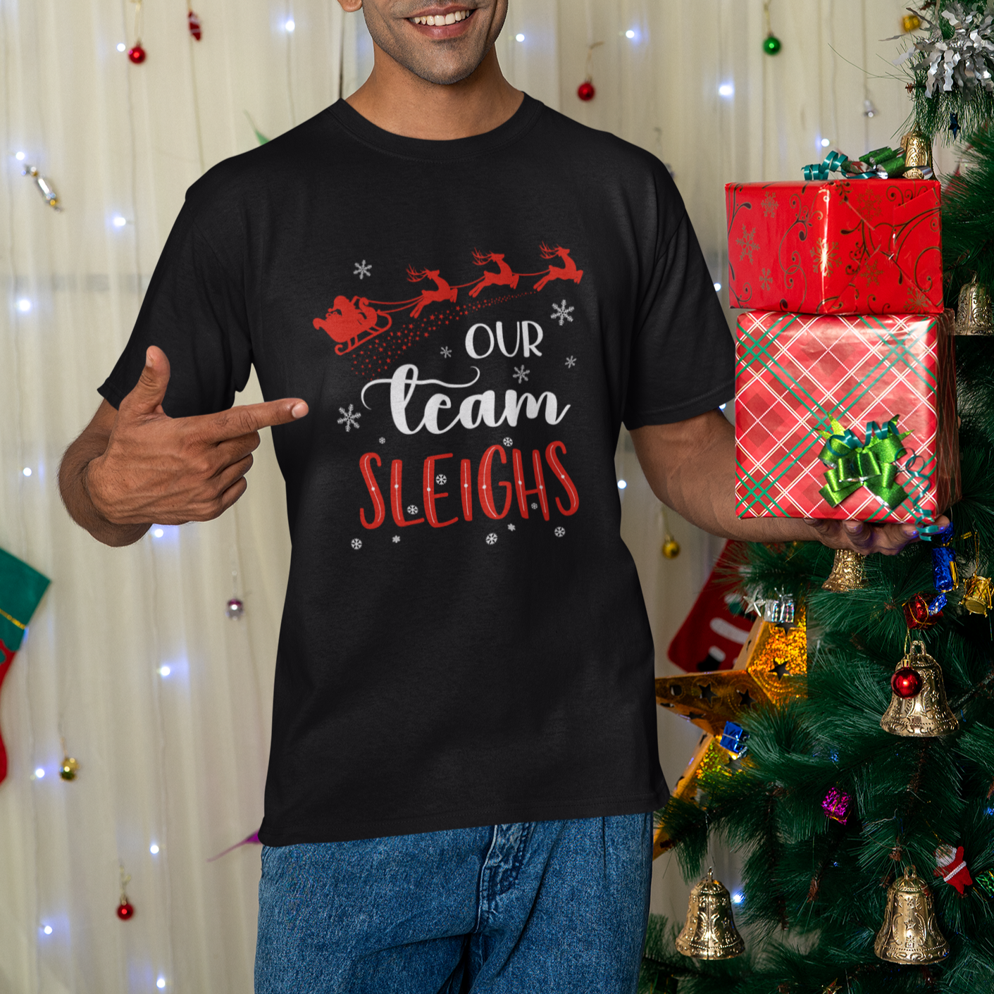 our-team-sleigh-christmas-santa-reindeer-office-staff-t-shirt