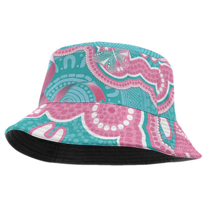 Hereditary And Gynecologic Cancer Support Bucket Hat Teal Pink Ribbon Aboriginal Art