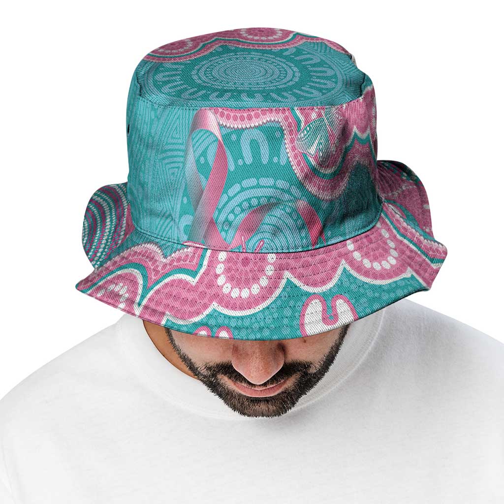 Hereditary And Gynecologic Cancer Support Bucket Hat Teal Pink Ribbon Aboriginal Art