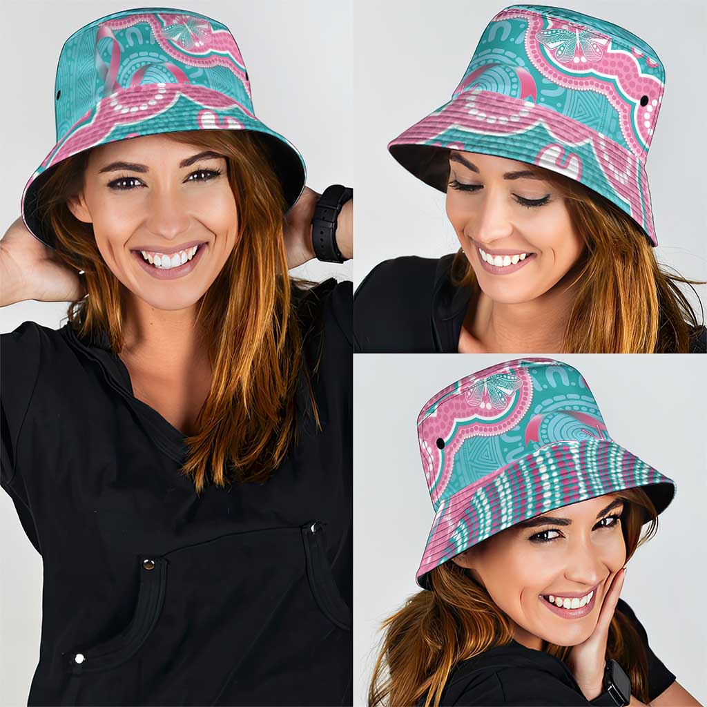 Hereditary And Gynecologic Cancer Support Bucket Hat Teal Pink Ribbon Aboriginal Art