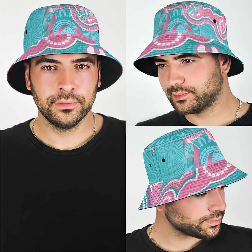 Hereditary And Gynecologic Cancer Support Bucket Hat Teal Pink Ribbon Aboriginal Art