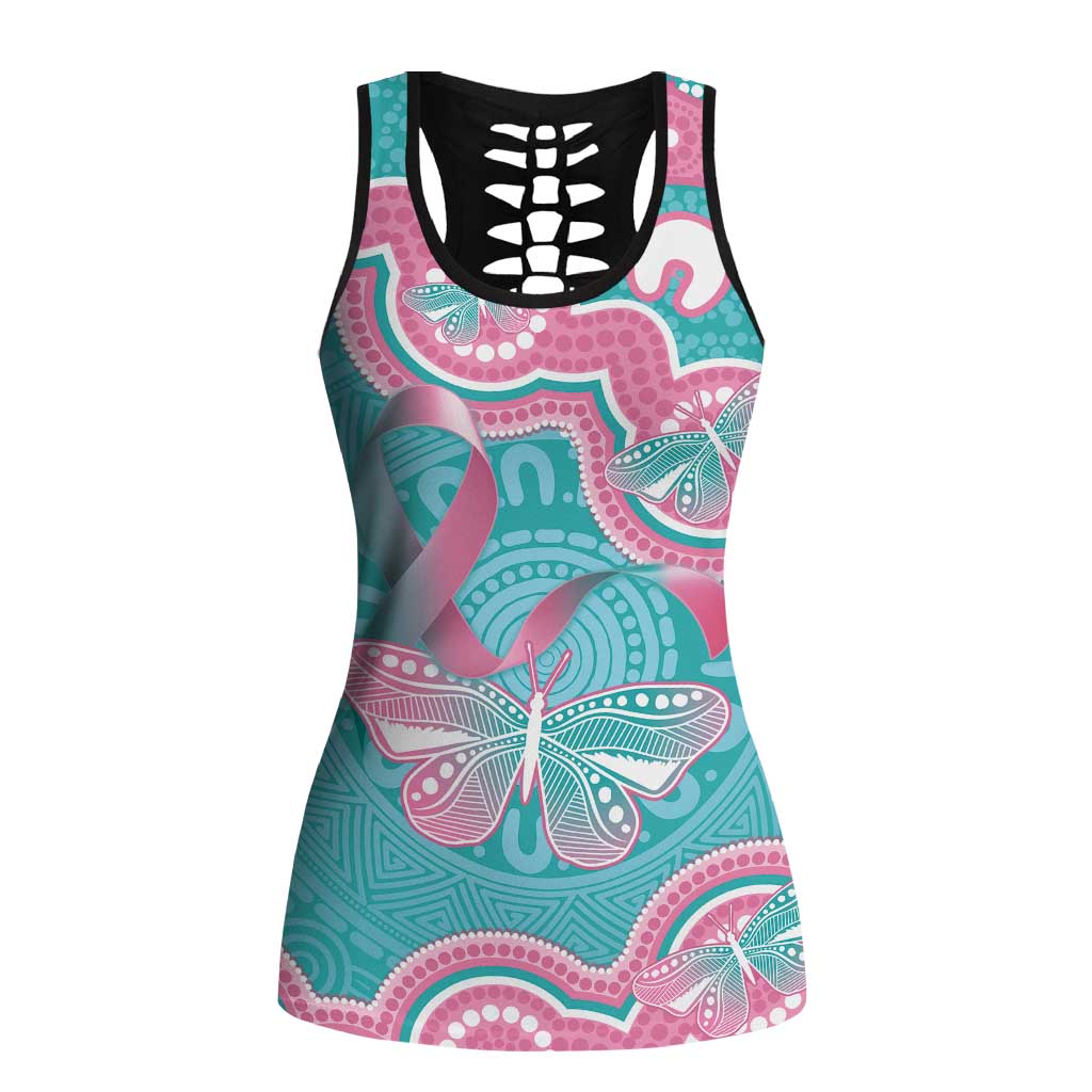 Hereditary And Gynecologic Cancer Support Hollow Tank Top Teal Pink Ribbon Aboriginal Art