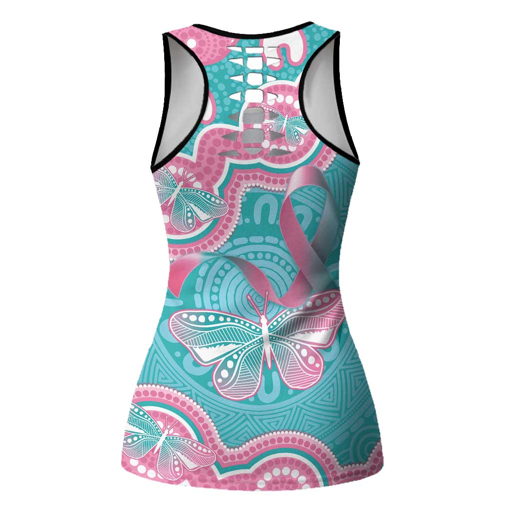 Hereditary And Gynecologic Cancer Support Hollow Tank Top Teal Pink Ribbon Aboriginal Art