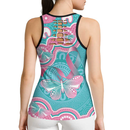 Hereditary And Gynecologic Cancer Support Hollow Tank Top Teal Pink Ribbon Aboriginal Art