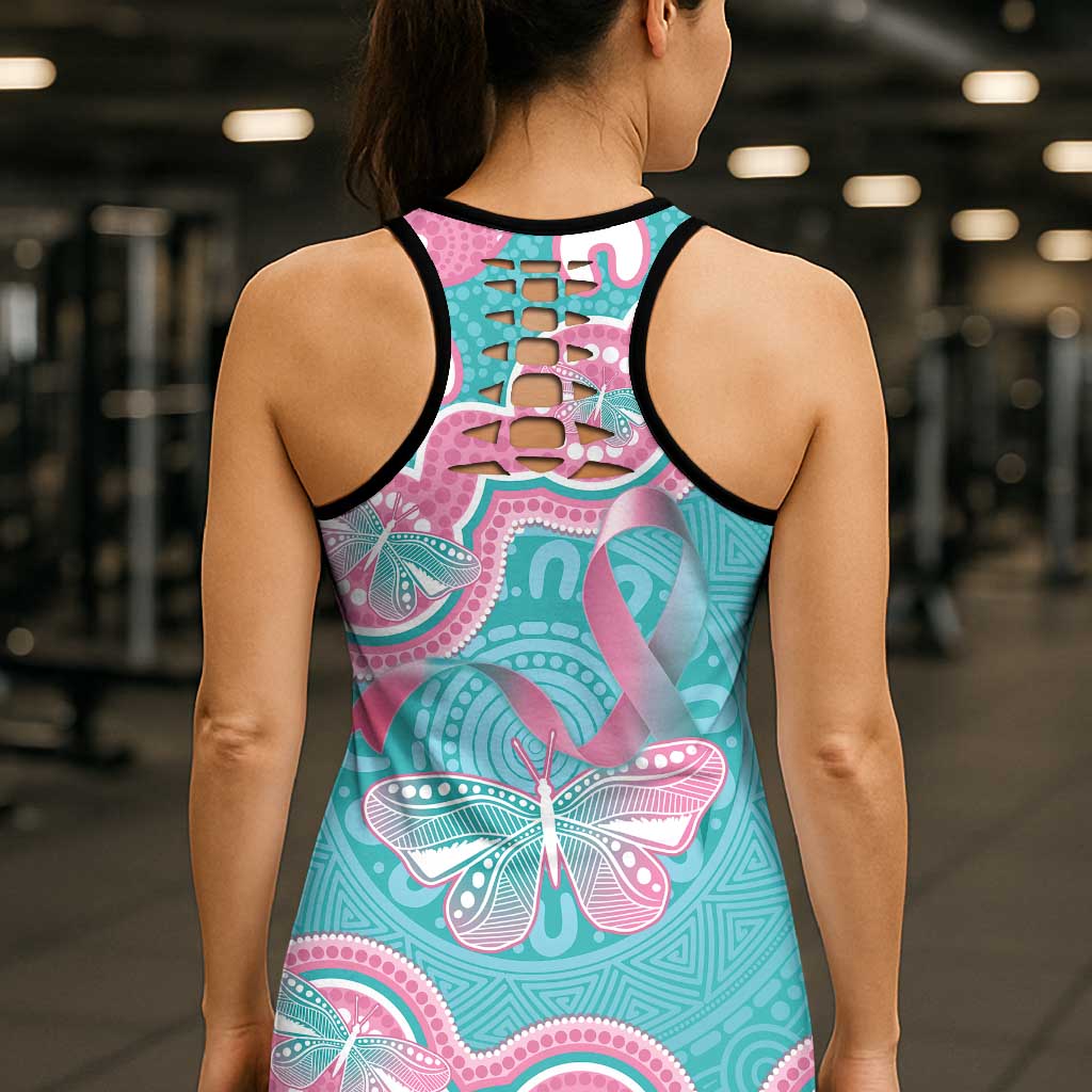 Hereditary And Gynecologic Cancer Support Hollow Tank Top Teal Pink Ribbon Aboriginal Art