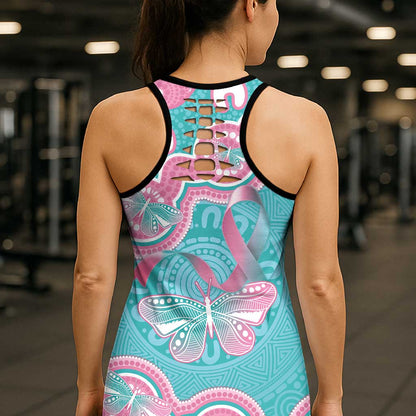 Hereditary And Gynecologic Cancer Support Hollow Tank Top Teal Pink Ribbon Aboriginal Art