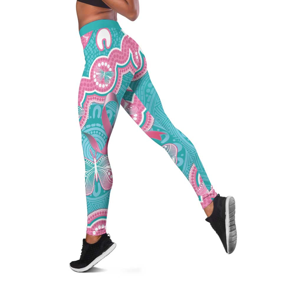 Hereditary And Gynecologic Cancer Support Leggings Teal Pink Ribbon Aboriginal Art