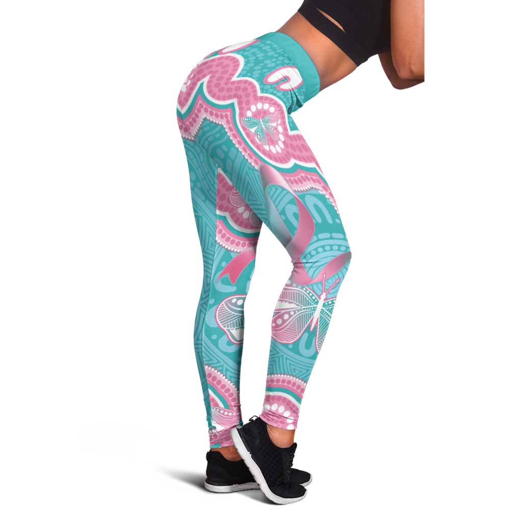 Hereditary And Gynecologic Cancer Support Leggings Teal Pink Ribbon Aboriginal Art