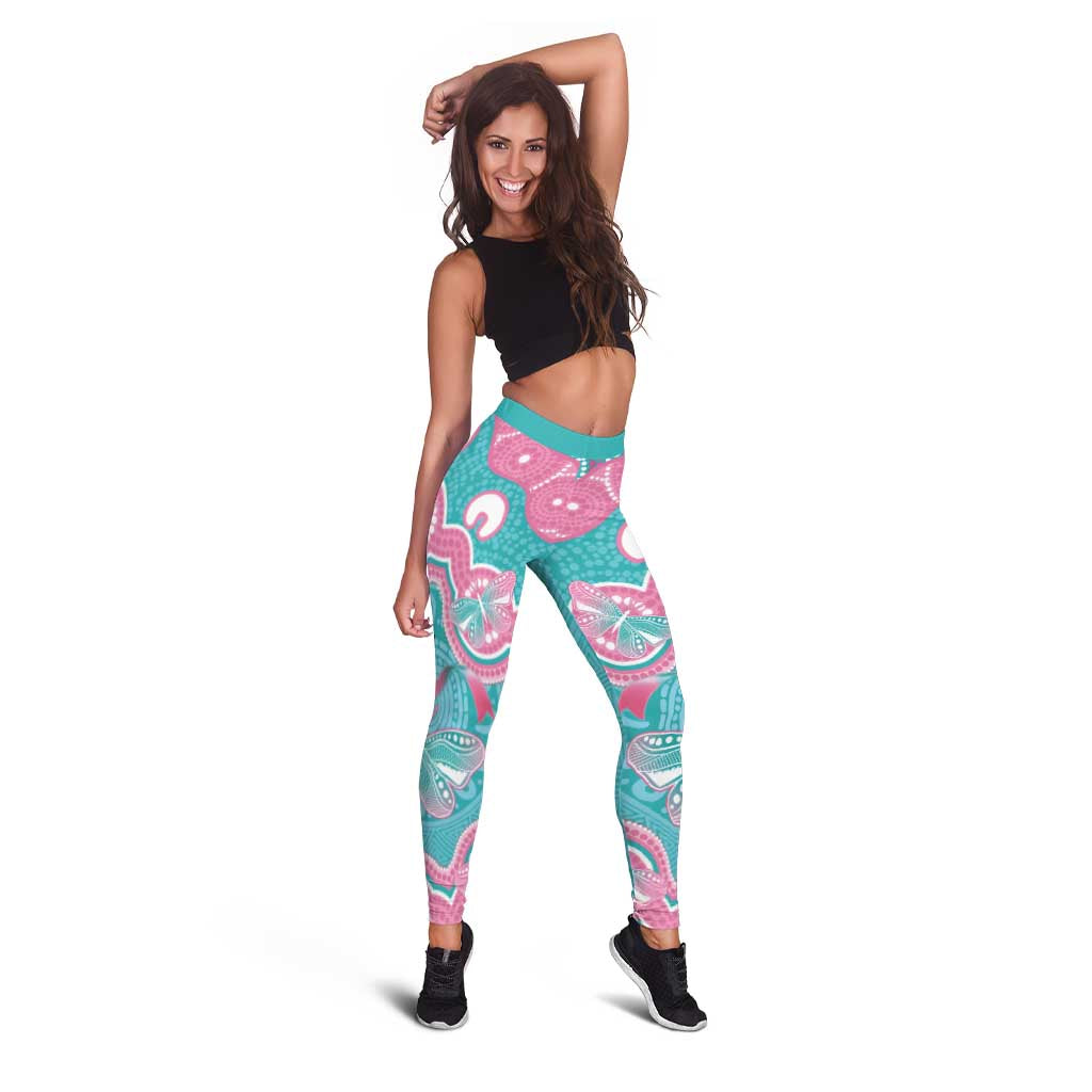 Hereditary And Gynecologic Cancer Support Leggings Teal Pink Ribbon Aboriginal Art