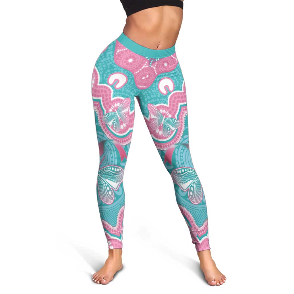 Hereditary And Gynecologic Cancer Support Leggings Teal Pink Ribbon Aboriginal Art